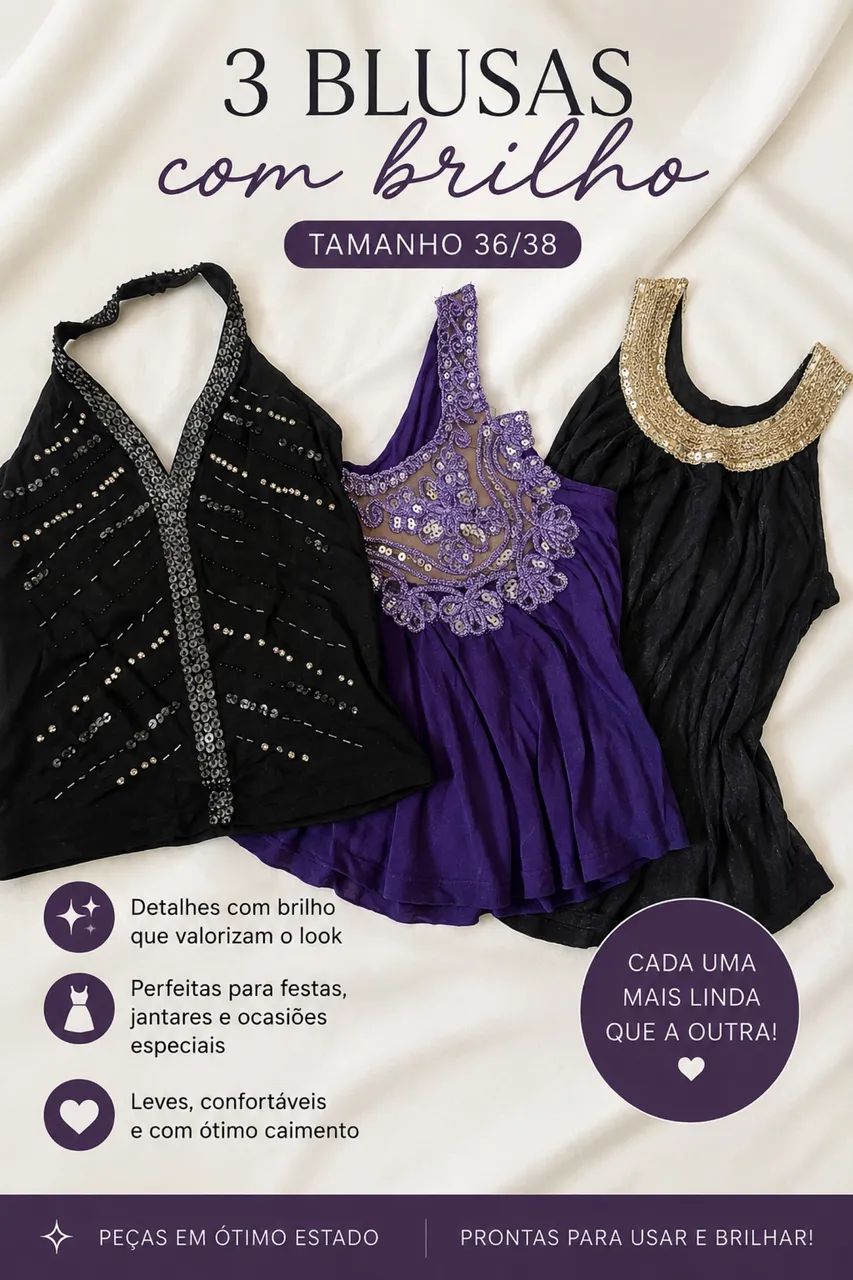 3 blusas feminas com brilho 