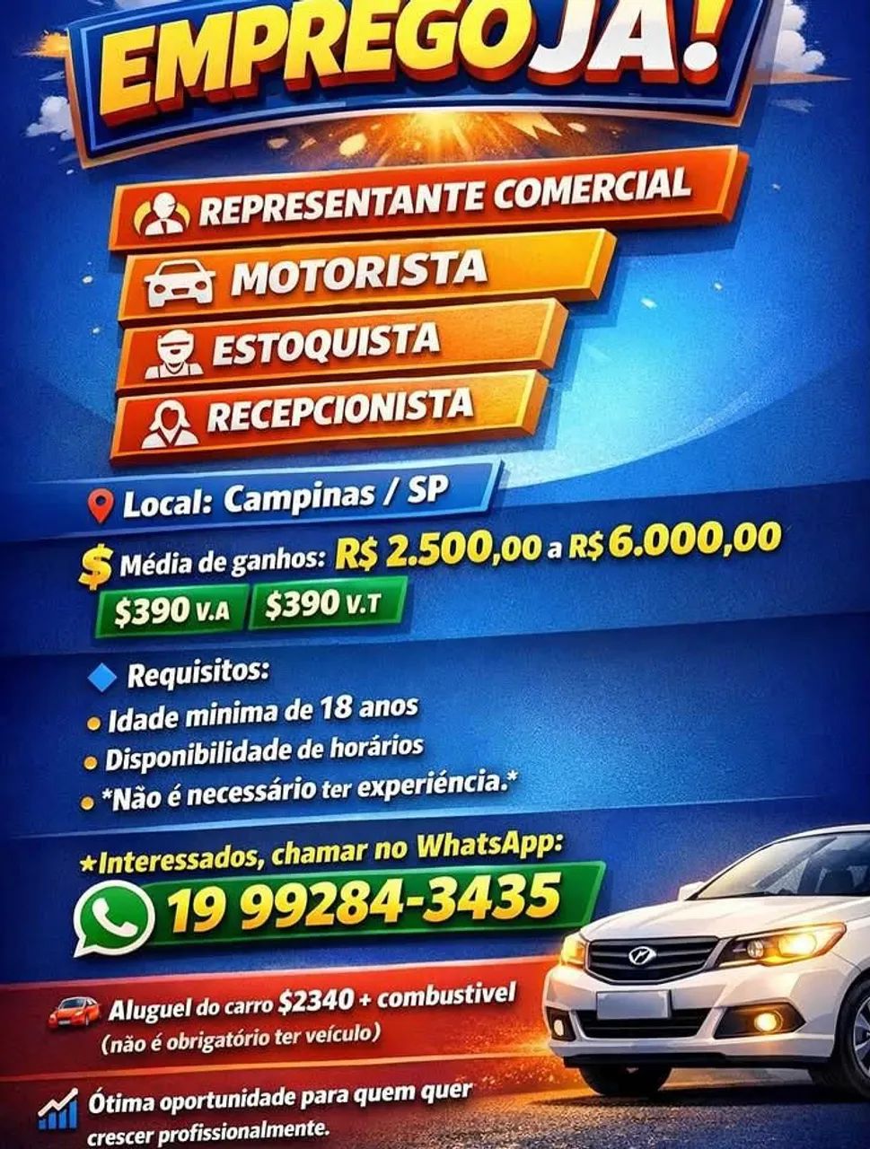 Vaga de emprego em campinas e região!