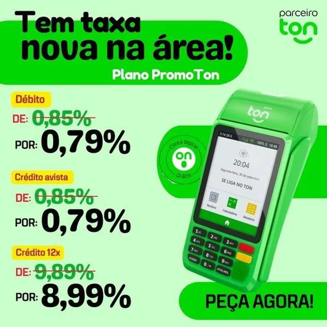 Maquininha de cartão Ton 0,85 taxa no débito e crédito sem