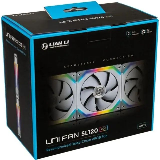 (NOVO) Kit Com 3 Fans Lian Li SL120 Magnéticas White Argb Com Controlodadora Lian Li