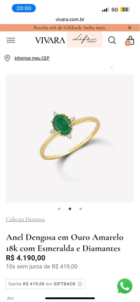 Anel ouro, esmeralda e diamantes