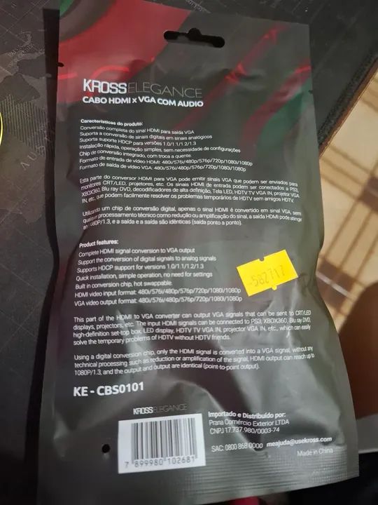 Cabo HDMI para VGA com Áudio - Kross Elegance lacrado