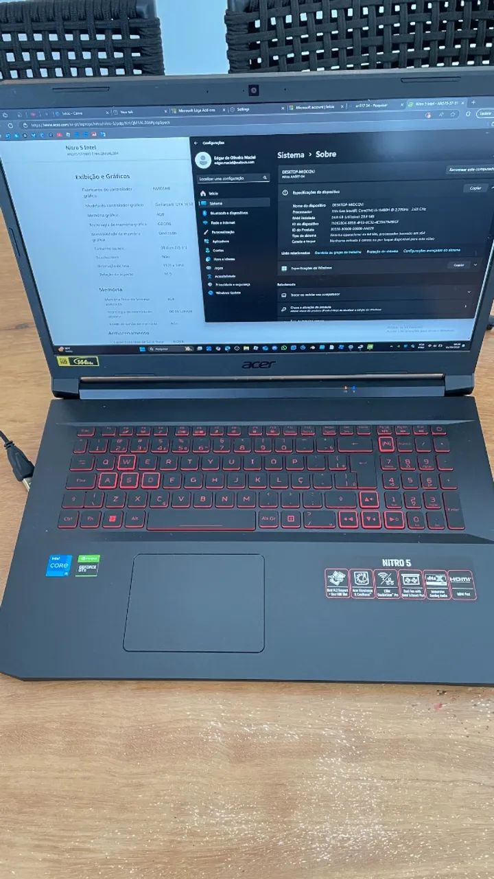 Notebook Acer Nitro 5 gamer - 17" - i5 de 11 geração - 24gb ram - 512gb SSD - GTX1650
