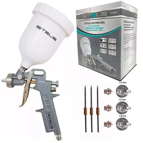 Pistola de pintura tipo gravidade com 3 bicos e caneca 600 ml Stels 