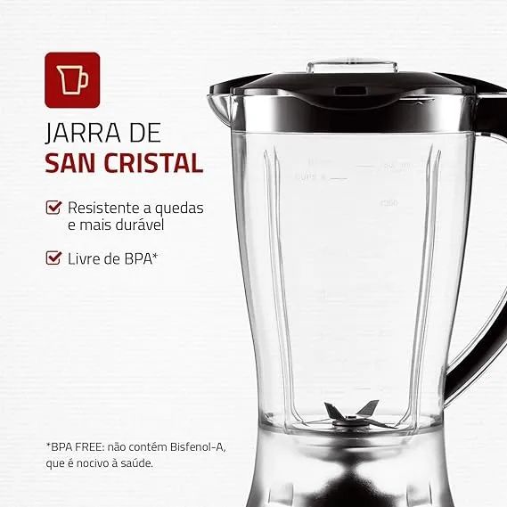 Liquidificador Mondial Power Black 550W, 2 veloc.+pulsar, c/copo SAN Cristal- 110V (NOVO) - Foto 2
