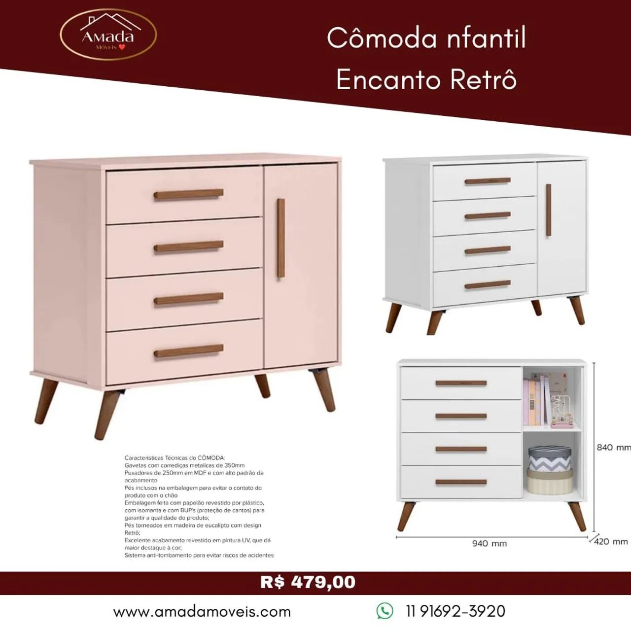 Cômoda infantil Encanto Retrô - à pronta entrega 