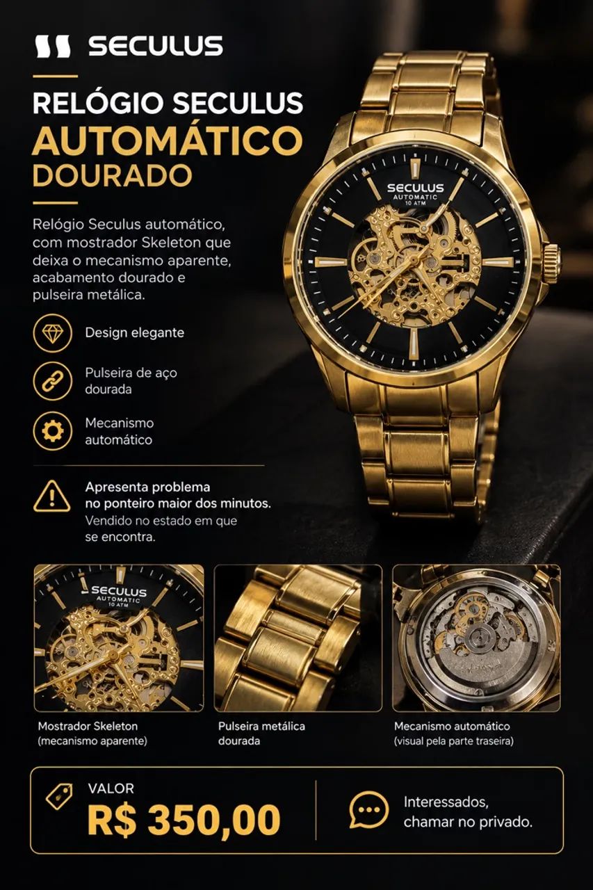 VENDO RELÓGIO SECULUS AUTOMÁTICO DOURADO - Foto 2