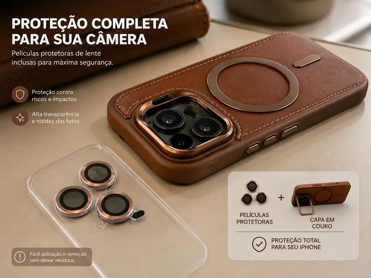 Case Capinha para IPhone 16PRO em couro com proteção para Lentes - Foto 2