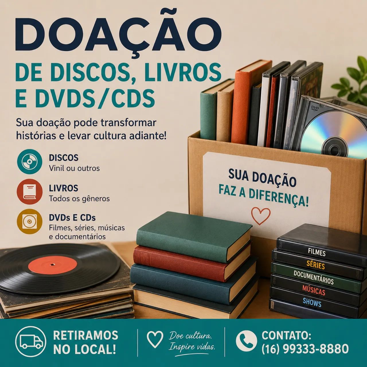 Doações de discos, livros, CDs e DVDs