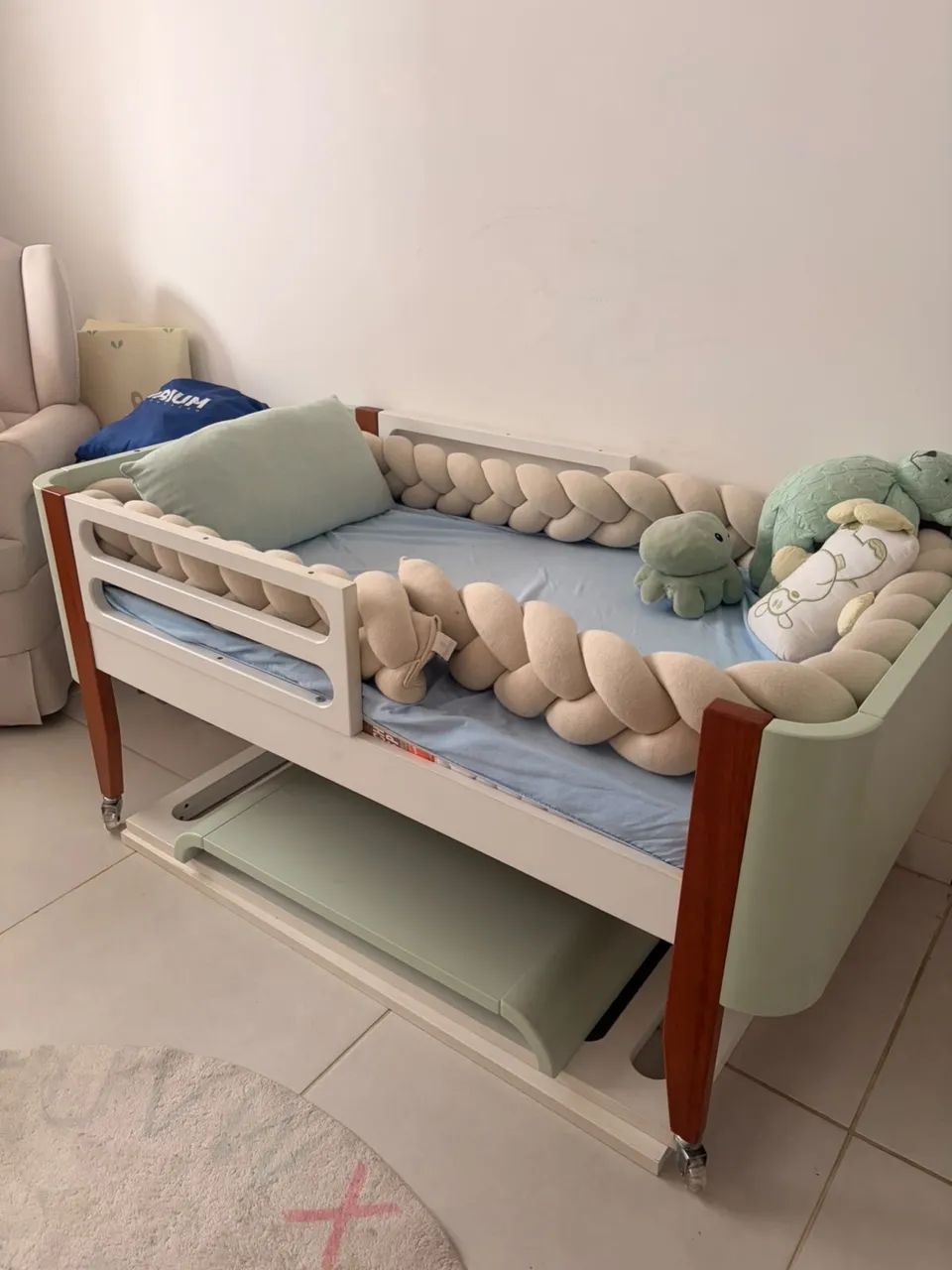 Berço 3 em 1 Branco/Verde água 