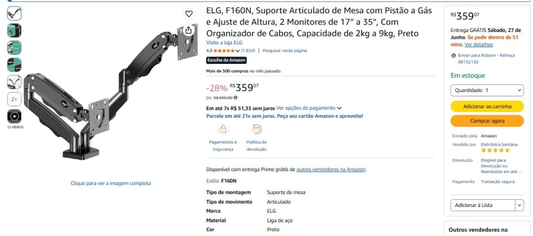 Monitor PC Gamer LG 27? Suporte Duplo Articulado de Mesa e Bandeja para Notebook - Foto 5