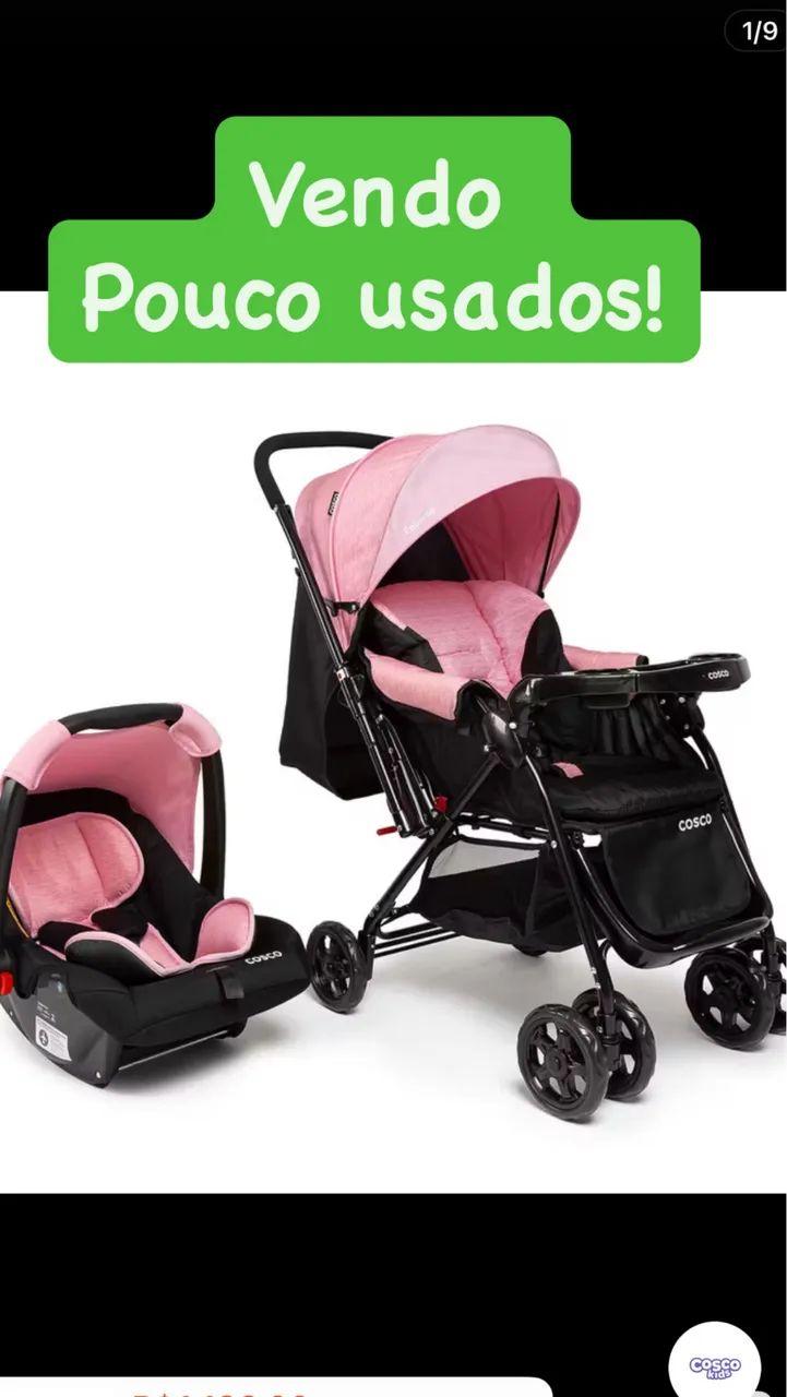 Carrinho e bebê conforto rosa