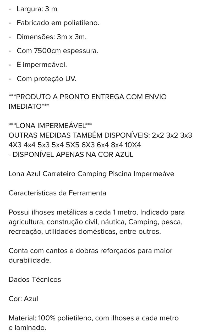 Lona Cobertura Impermeavel Azul 3x3 Proteção UVA marca Starfer - Foto 5
