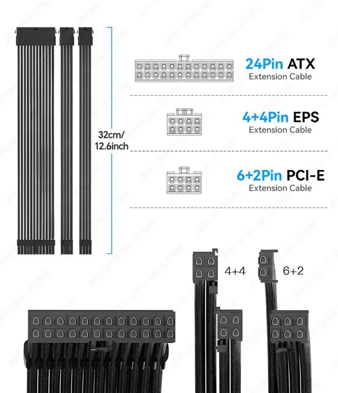 Kit 5 cabos sleeved Preto / Branco 24 Pin + 2 CPU + 2 PCIe - Foto 4