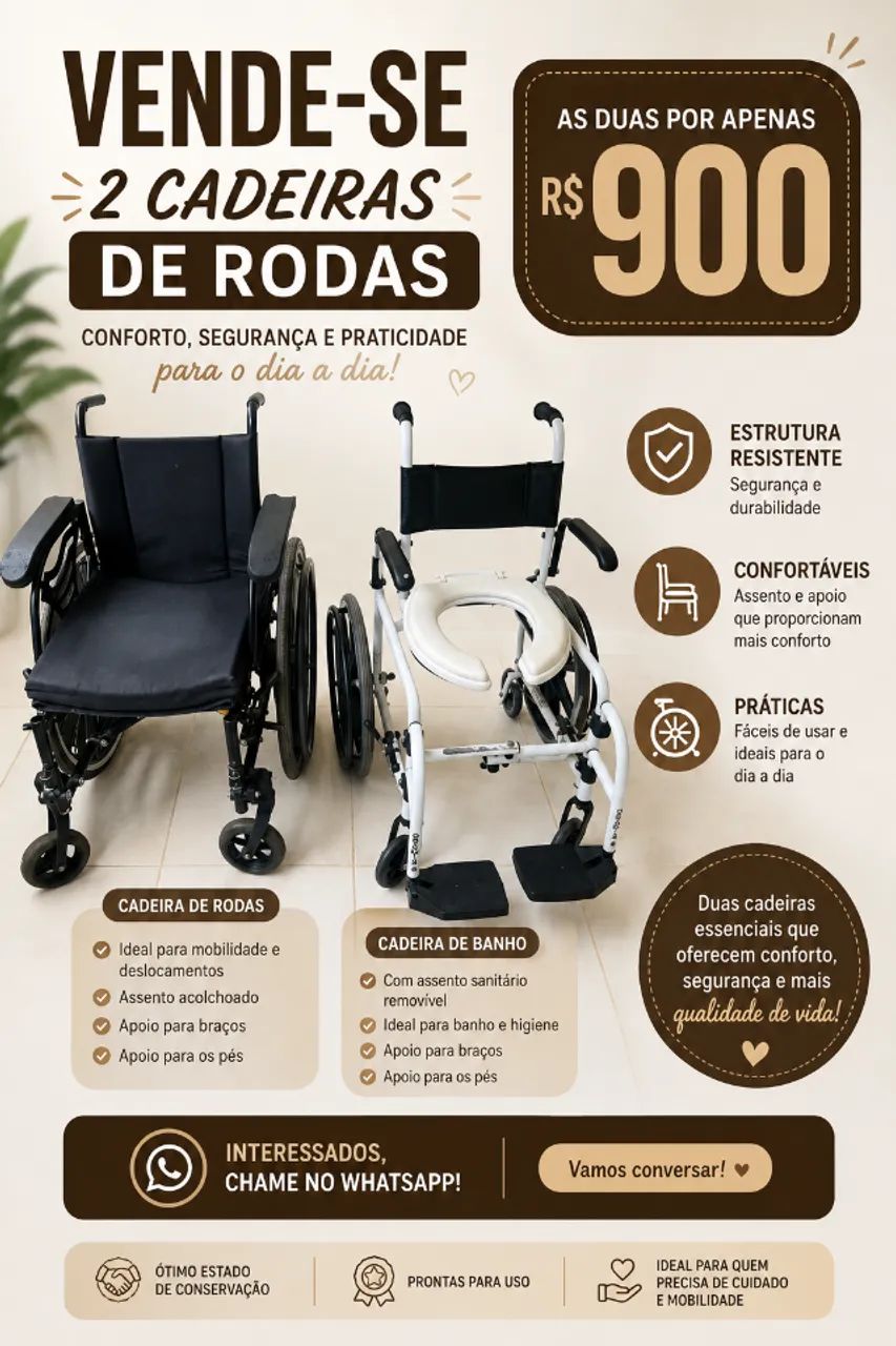 vende-se duas cadeiras, de rodas e banho