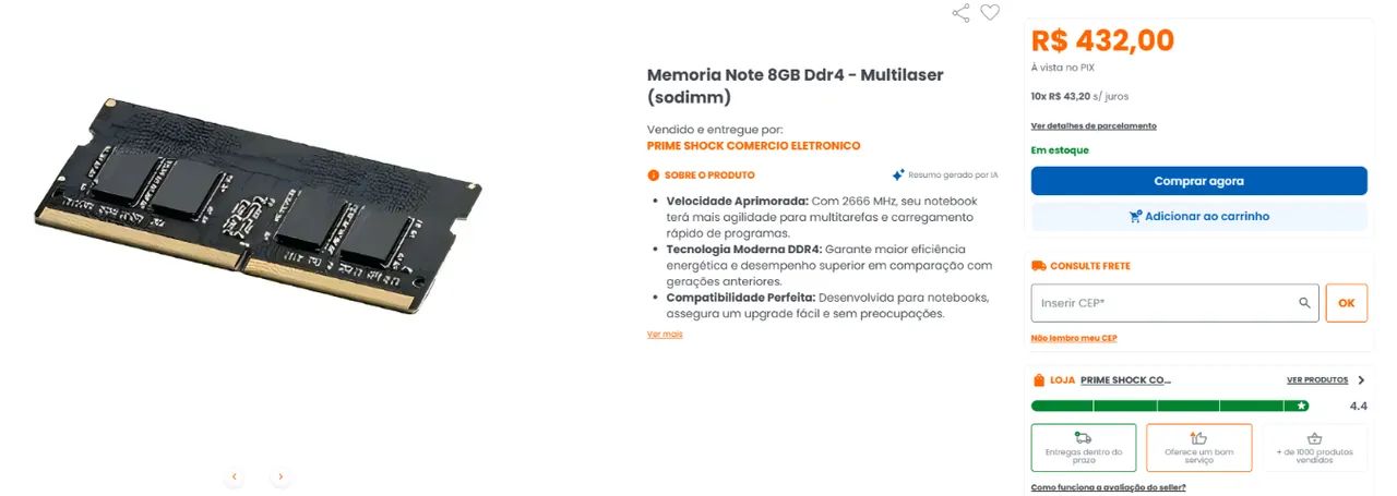 MEMÓRIA NOTEBOOK PRETA 8GB - Foto 2