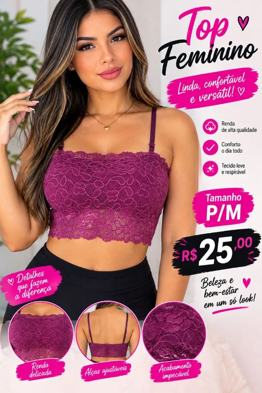 Sutiã top em renda com bojo sem enchimento  - Foto 2