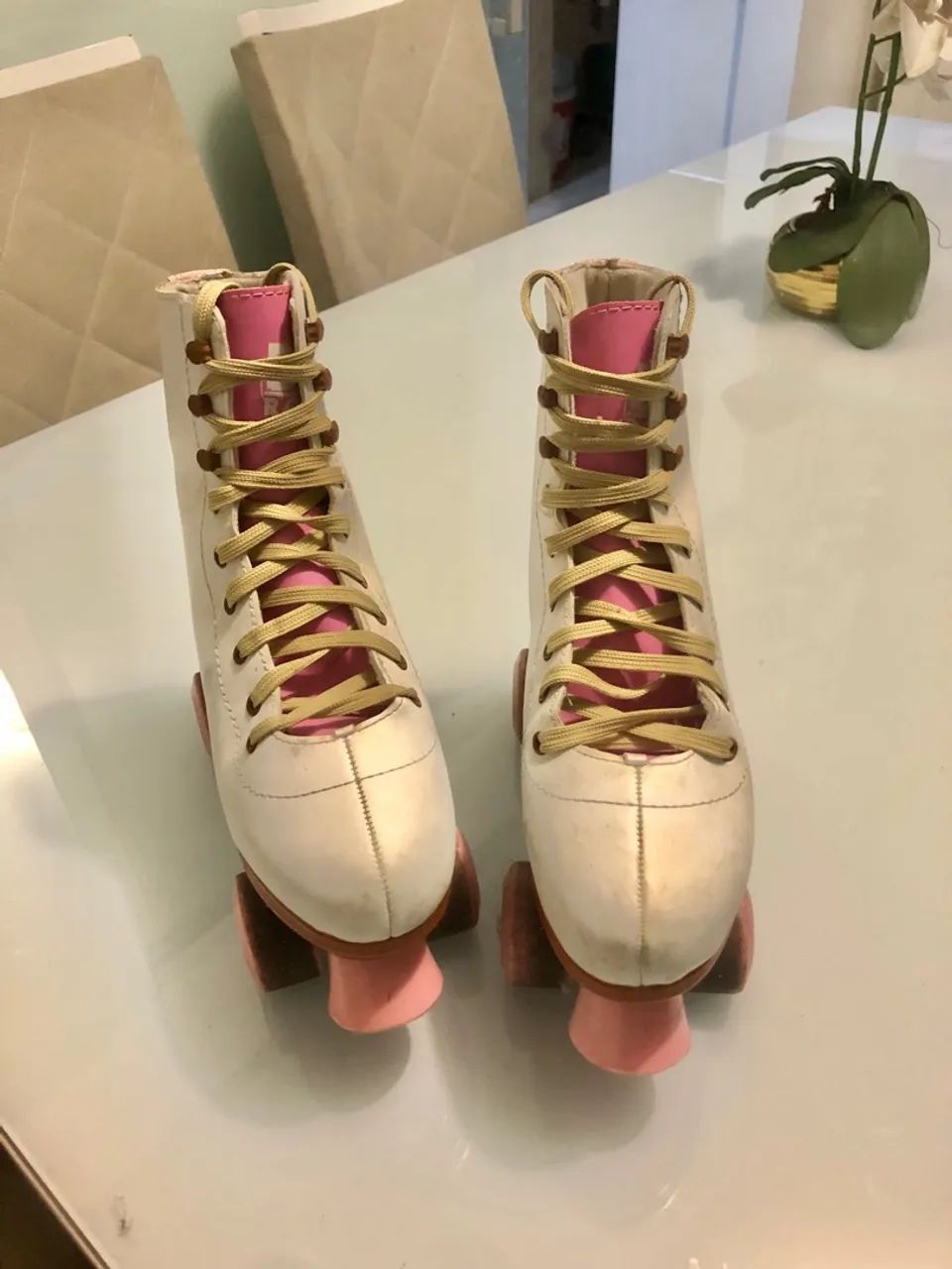 Patins Roller Quad Infantil - Branco com Rosa - Foto 3