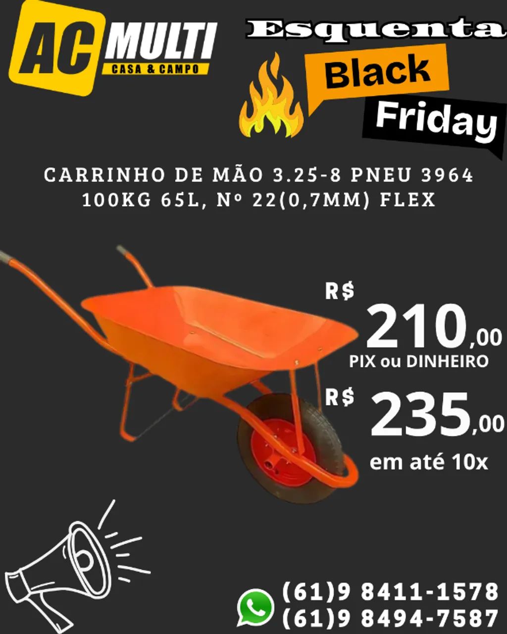 CARRINHO DE MÃO 3.25-8 PNEU 3964 100KG 65L, Nº 22(0,7MM) FLEX