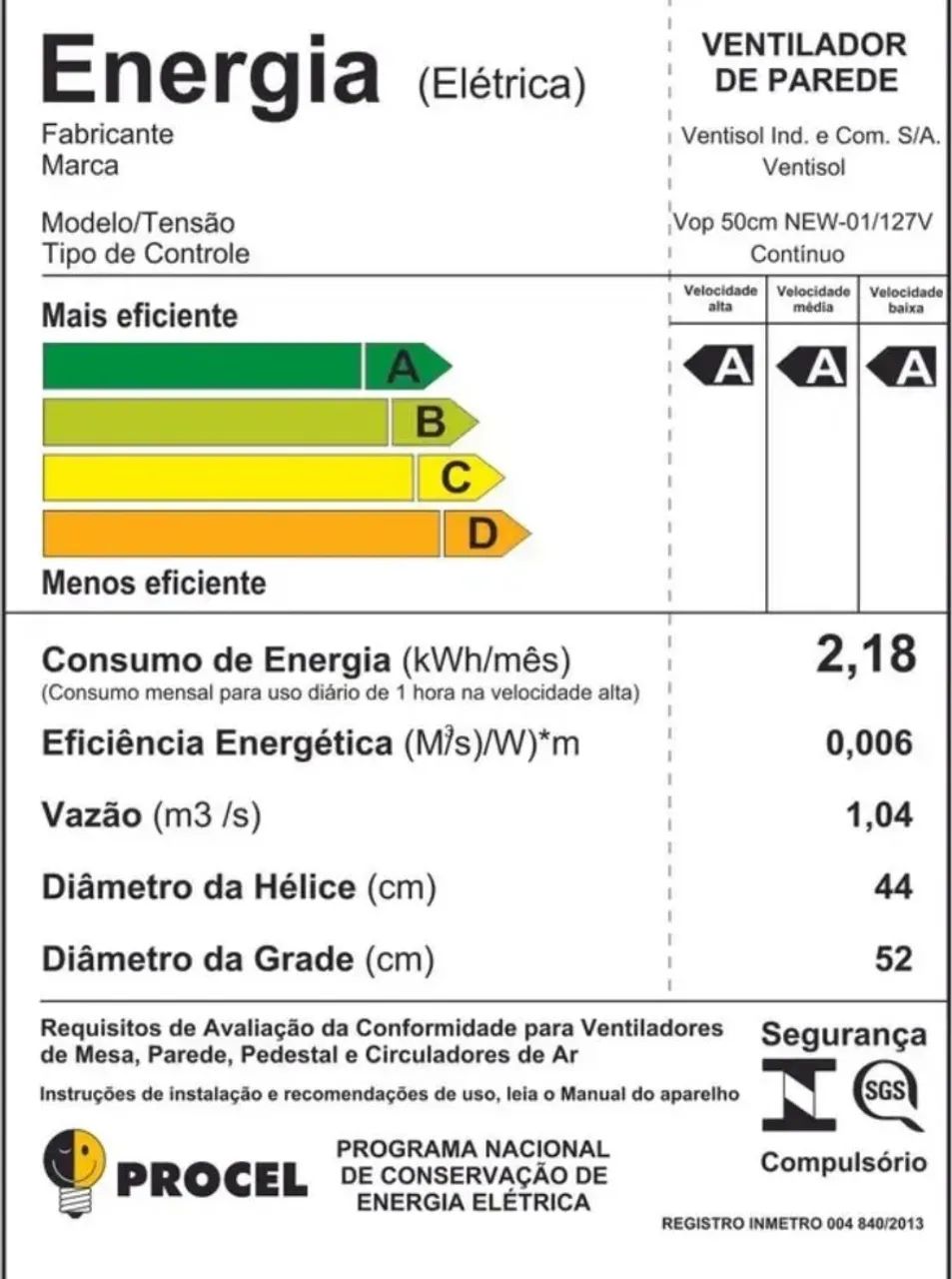 Ventilador Oscilante De Parede Ventisol New 3 Pás 50cm 1300rpm Preto - Foto 5