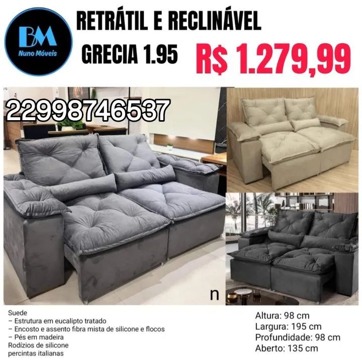 Sofá retrátil reclinável em Suede  - Foto 2