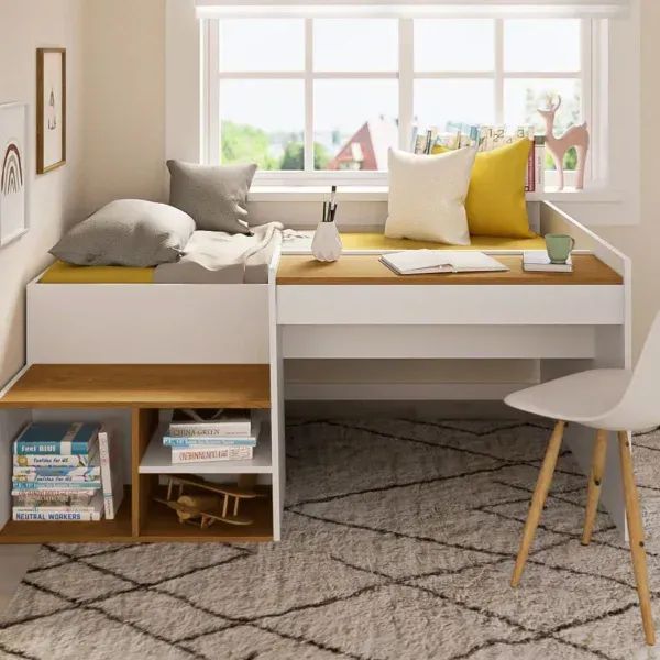 Cama Multifuncional com Escrivaninha e Nichos Bonnie Branco e Amêndoa - Foto 4