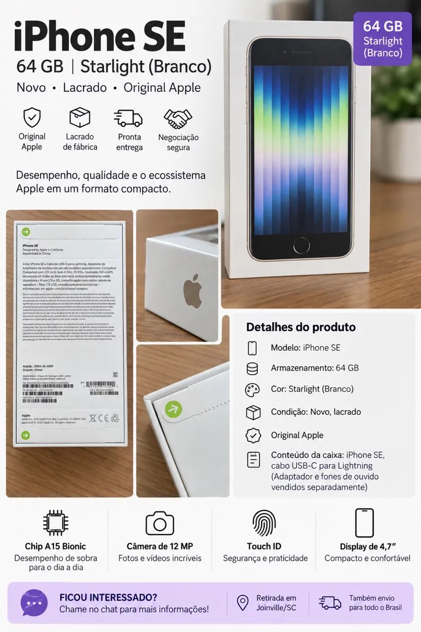 Apple iPhone SE Starlight 本体 iPhone SE 3ª Geração 64GB Starlight - Novo Lacrado - Celulares e