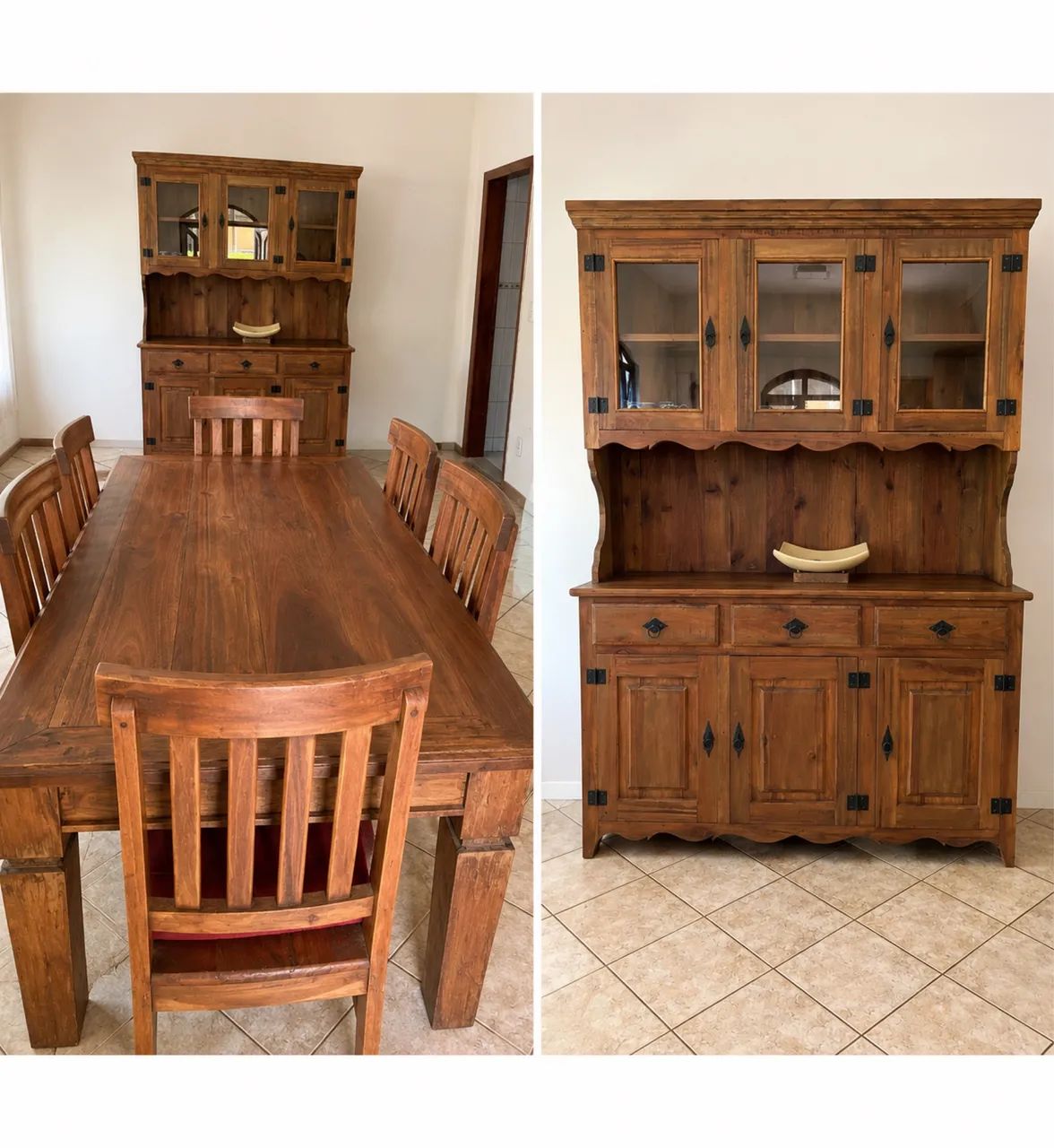 Conjunto mesa, 6 cadeiras,  e armário, madeira rústica 