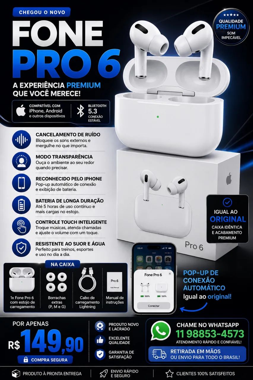 Fone Pro 6 Premium - Compatível com iPhone e Android - Foto 2