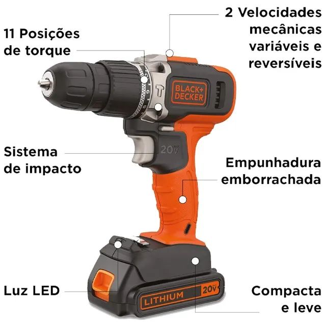 PARAFUSADEIRA E FURADEIRA  20V VVR C/ 2 VEL BCD704C1-BR - Foto 4