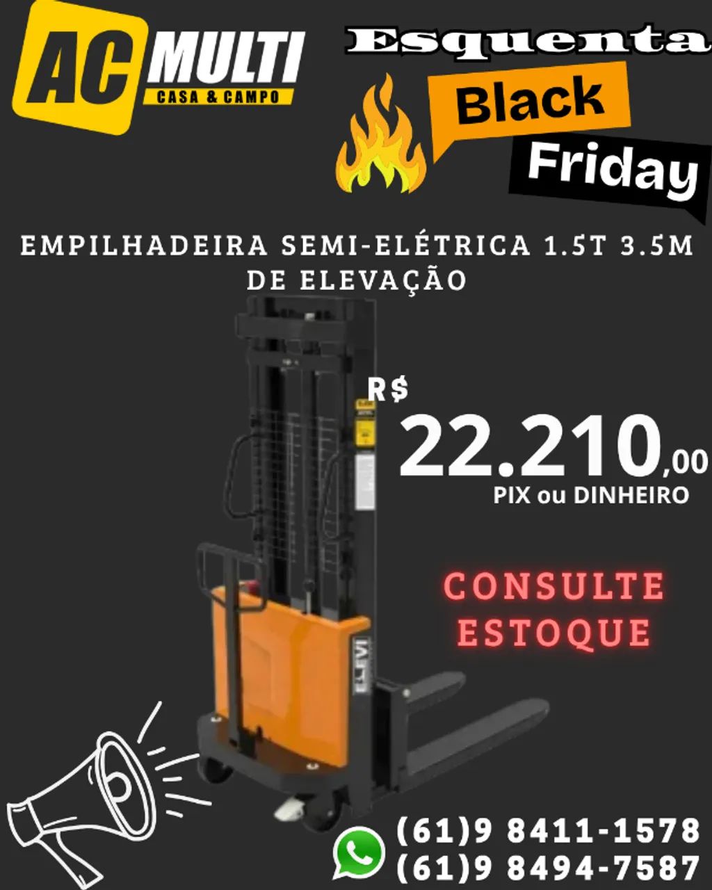 Empilhadeira Semi-Elétrica 1.5T 3.5m de Elevação