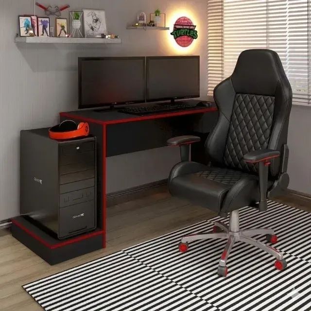 Mesa Gamer Preto e Vermelho para 2 Monitores