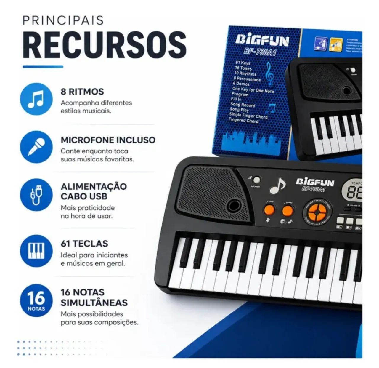 Teclado Eletrônico 61 Teclas Microfone Bigfun - Foto 3