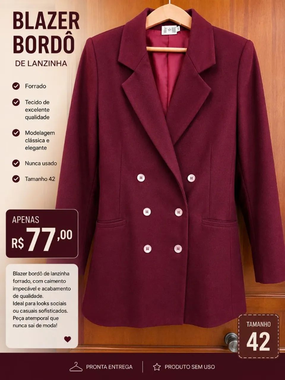 Blazer bordo de lanzinha e forrado, número 40, sem uso.