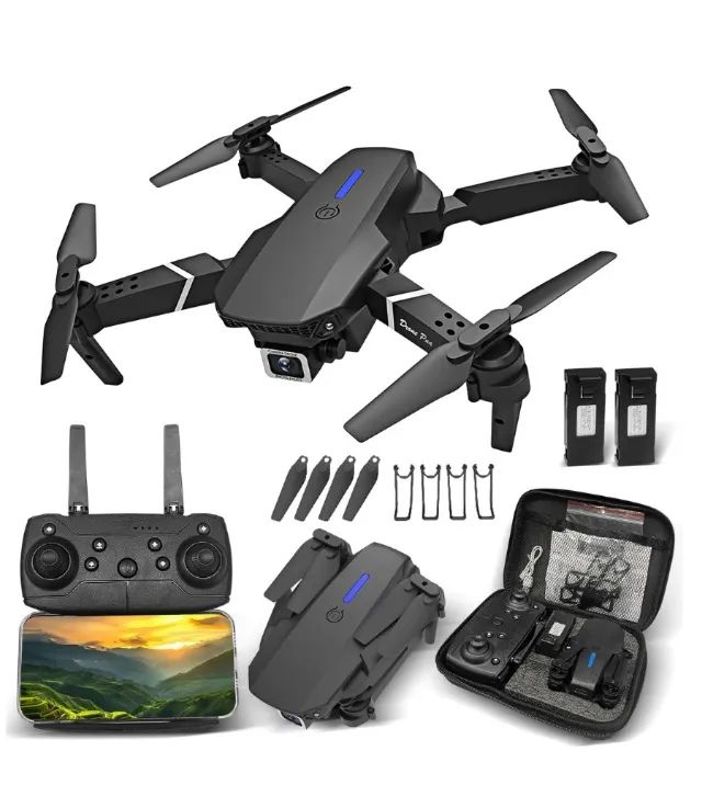 Drone mini E88 Pro com câmera dupla wifi com case 2 baterias .