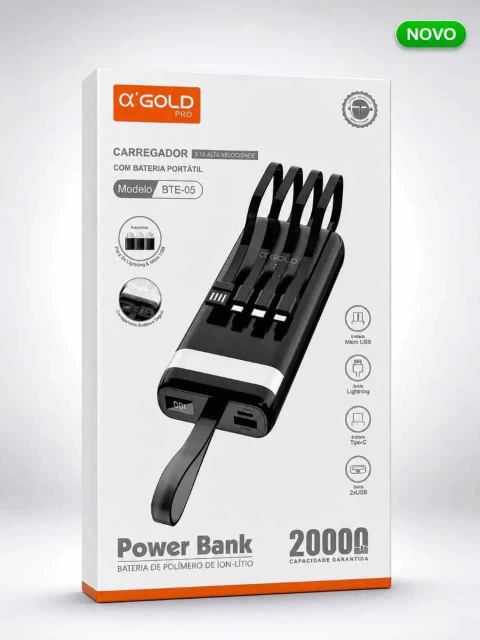 Power Bank 20000mAh Gold Pro BTE-05 com Cabos Embutidos e Lanterna LED - Foto 2
