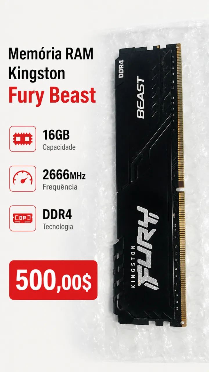 Memória RAM Kingston Fury Beast, 16GB, 2666MHz, DDR4, CL16, Preto 