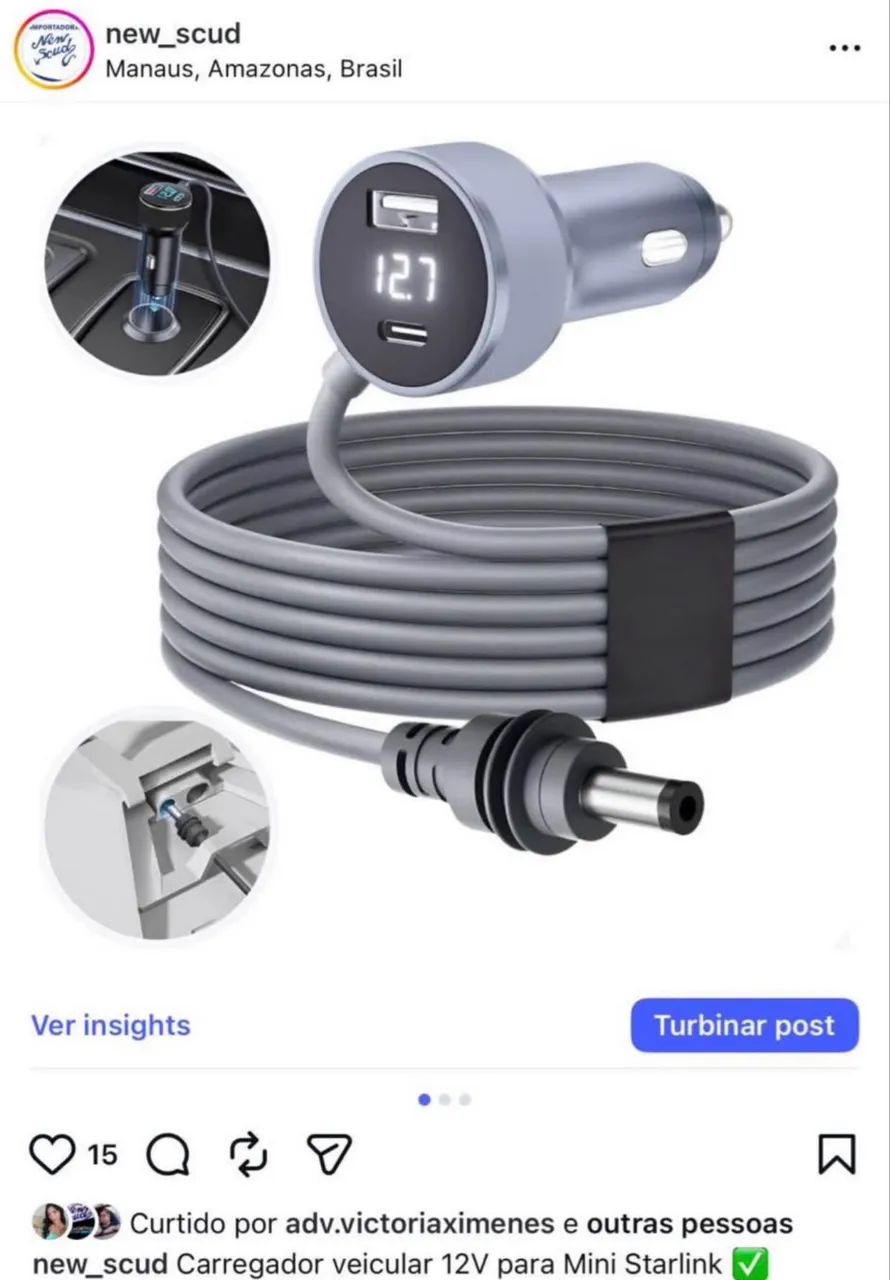 Carregador veicular 12 V para Starlink mini