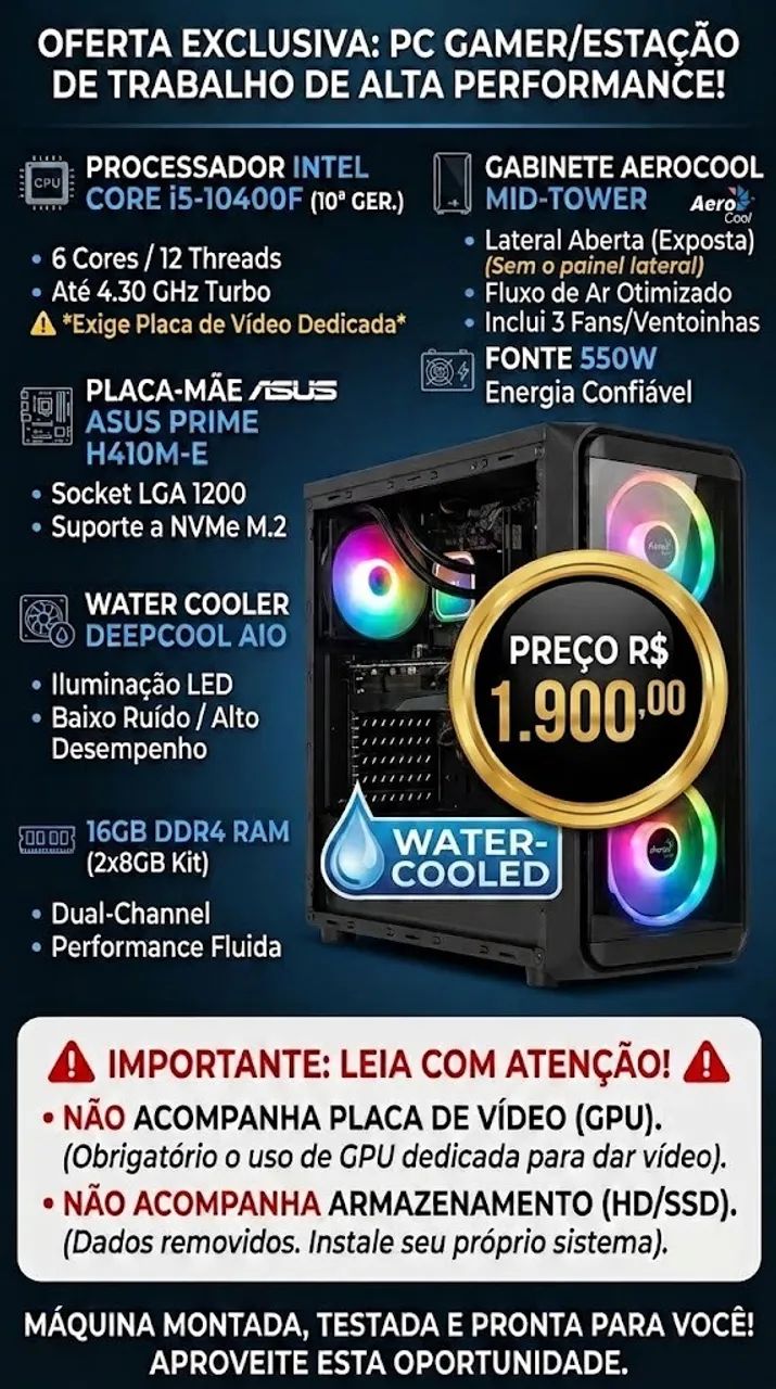 PC Gamer Intel Core i5 10400F | 16GB RAM DDR4 | Water Cooler DeepCool