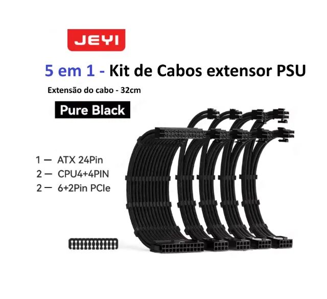 Kit 5 cabos sleeved Preto / Branco 24 Pin + 2 CPU + 2 PCIe