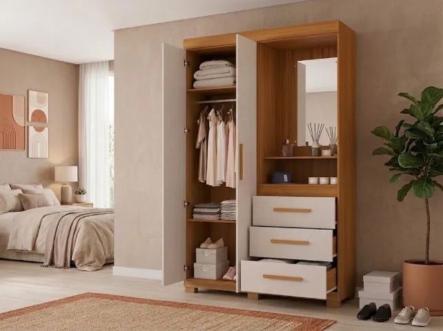Guarda Roupa Solteiro com Espelho - FRETE E MONTAGEM GRÁTIS!