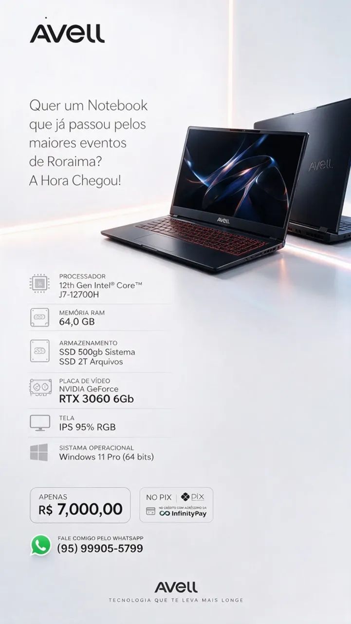Notebook Avell i7-12700H | RTX 3060 6GB | 64GB RAM | SSD 2TB