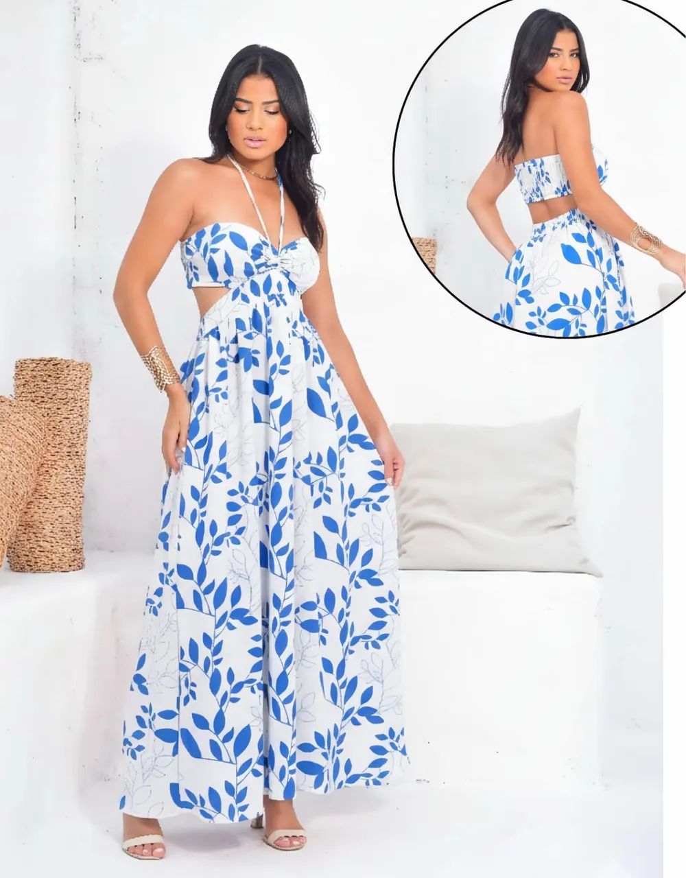 Vestido longo azul e branco 
