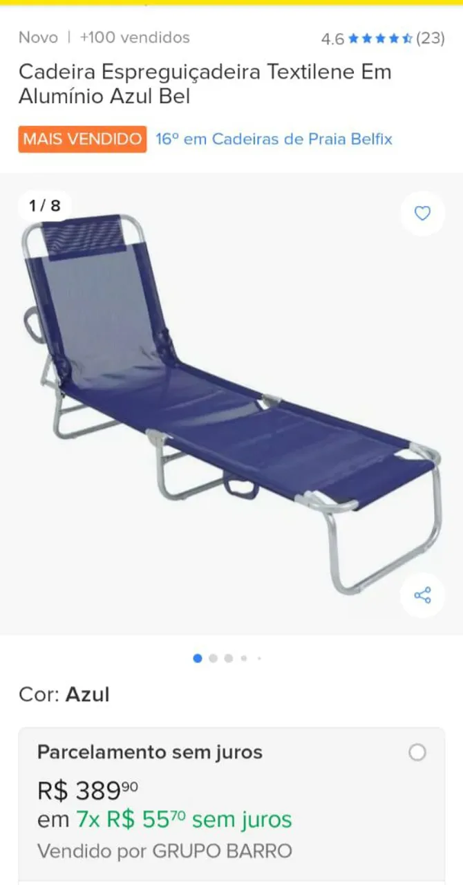 Cadeira Espreguiçadeira Textilene Azul Bel