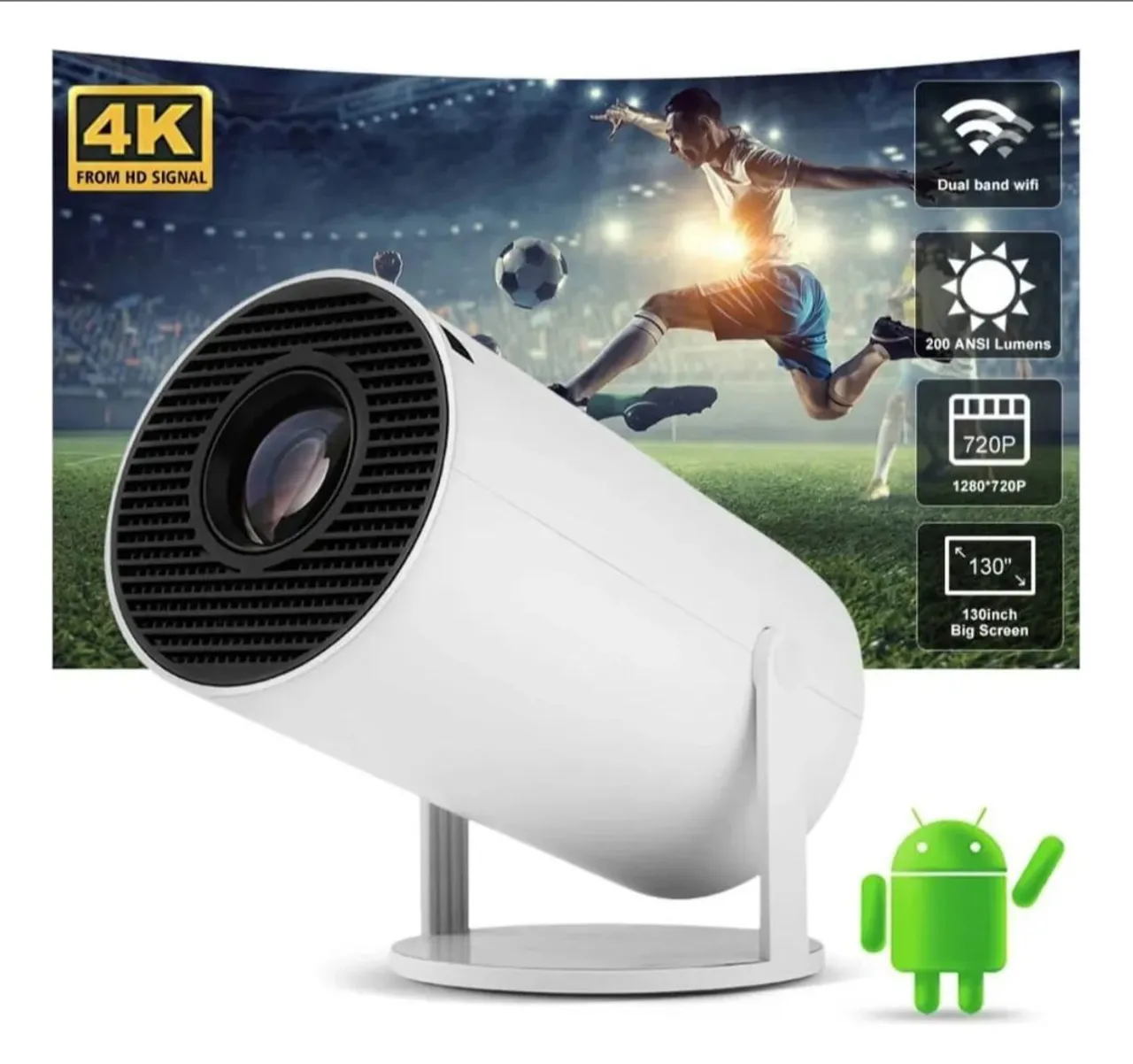 Projetor Portátil 4K Hd 1080p- 130 Polegadas e Android 11 Smart TV portátil via wifi