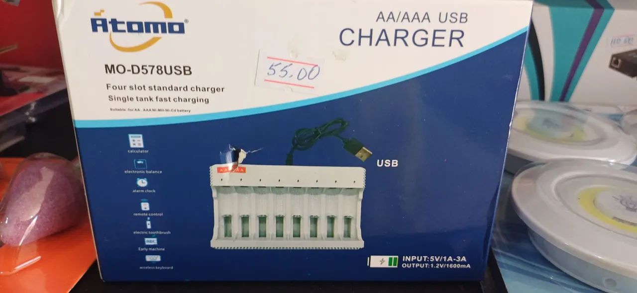 Carregador de Pilhas AA/AAA USB Atomo MO-D578USB