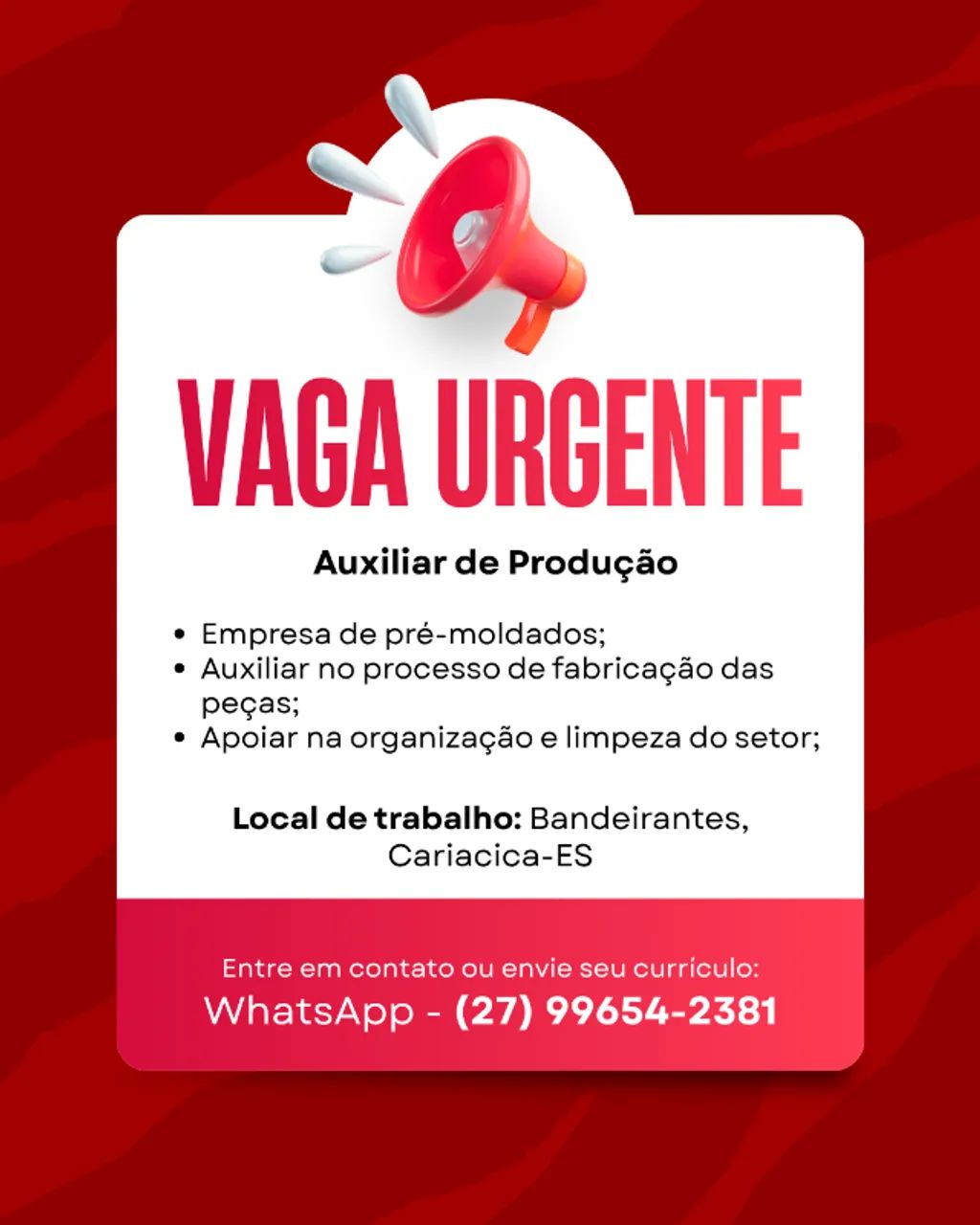 VAGA DISPONÍVEL - Auxiliar de Produção
