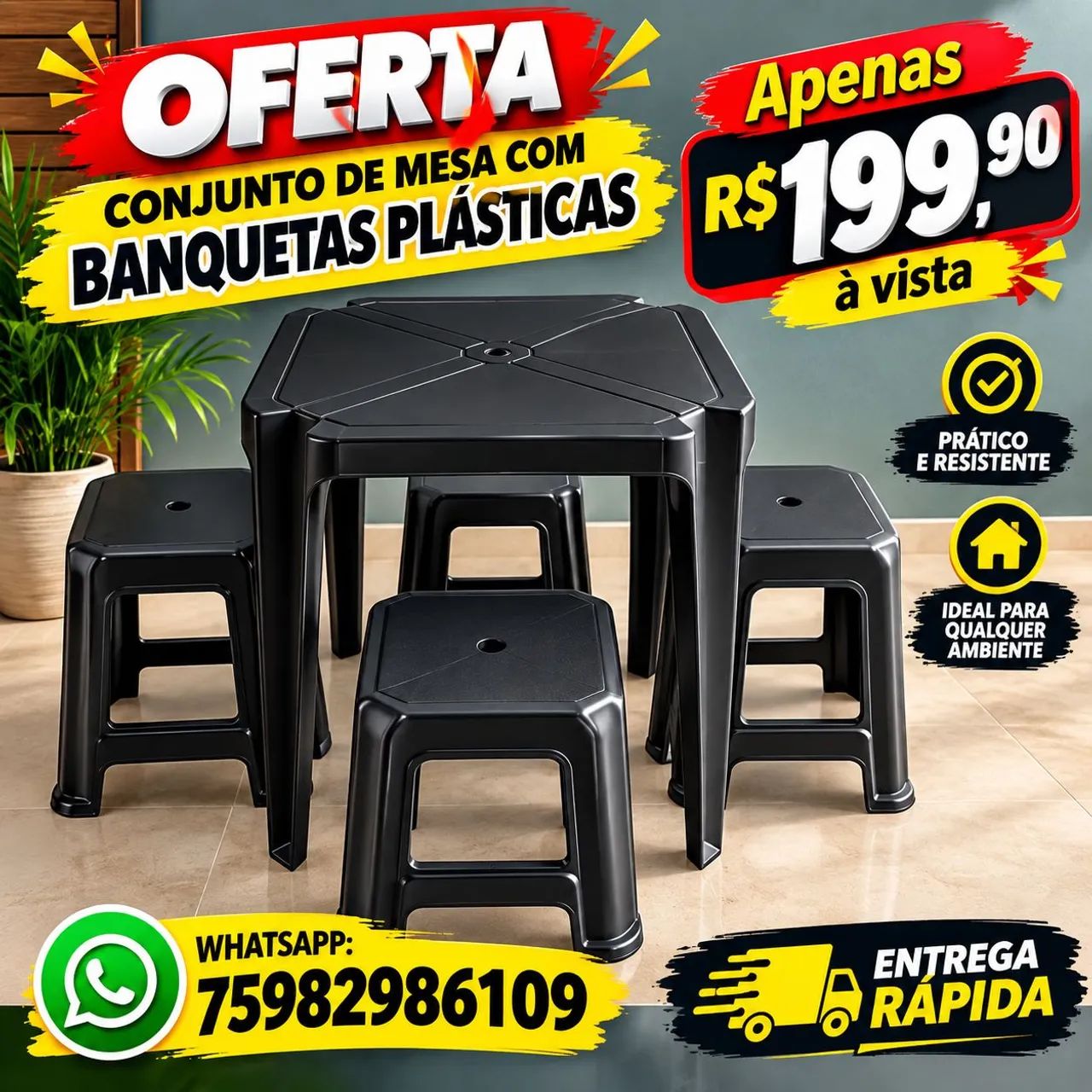 Conjunto de mesa com banquetas plásticas - Oferta 
