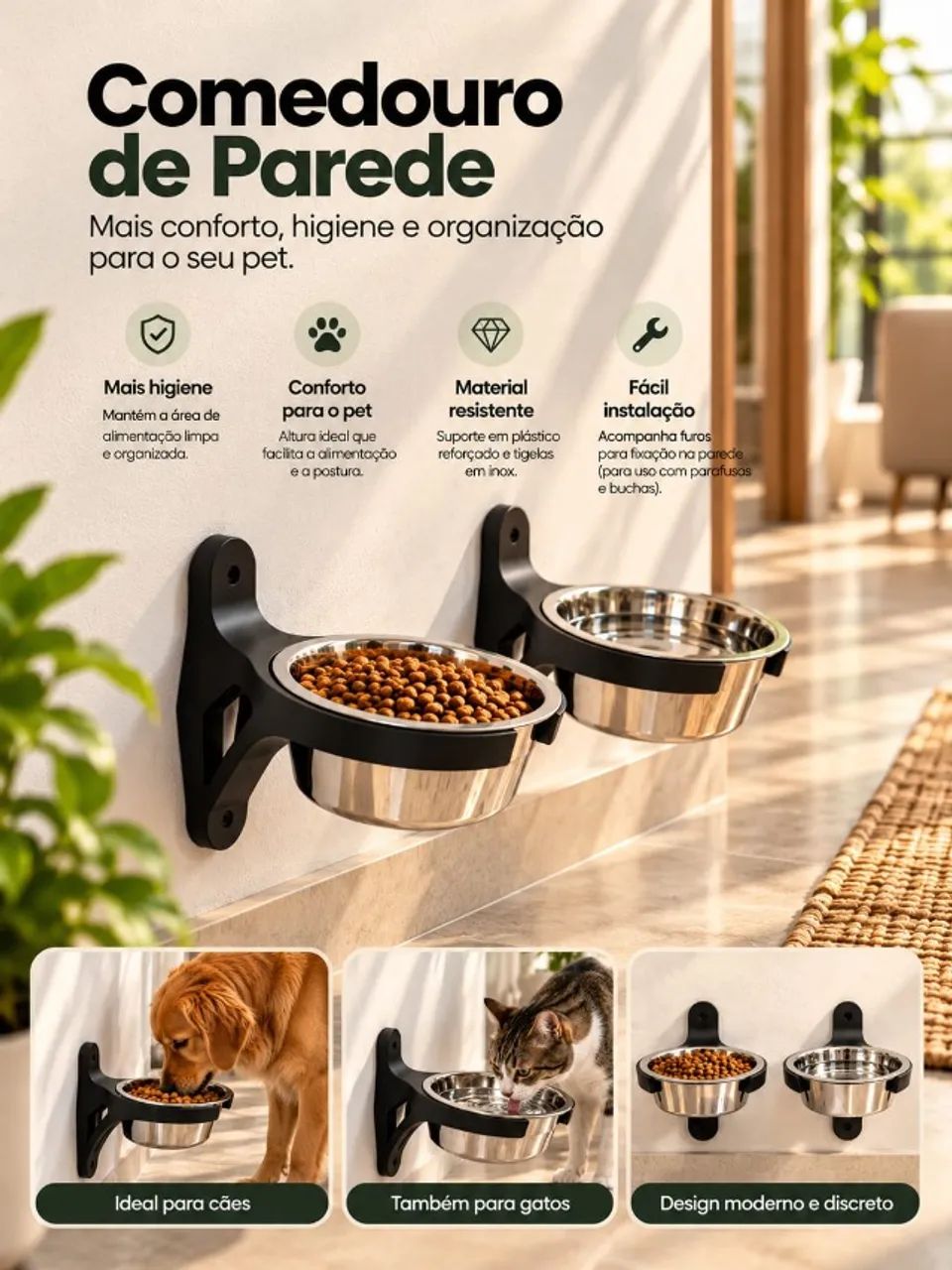 Kit Comedouro de Parede com 2 Tigelas de Inox - Foto 4