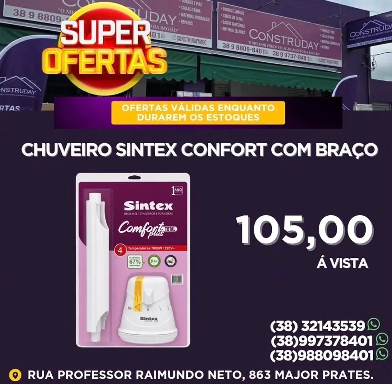 Chuveiro 4T  Confort Sintex 127v com Braço especial.